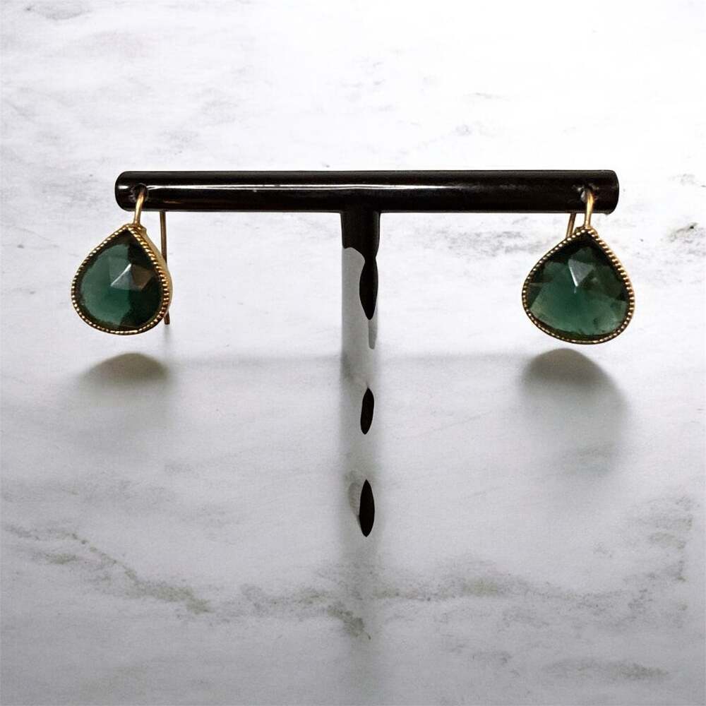 Vintage Monet Gold-Tone Teardrop Dangle Earrings with Faceted Green Glass Stones